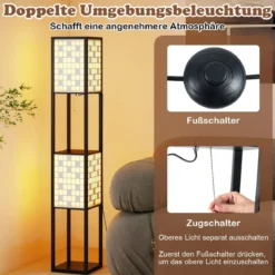 2-Flammige Stehleuchte mit 2 Regalen & Fußschalter Stehlampe Holzregal-Lampe