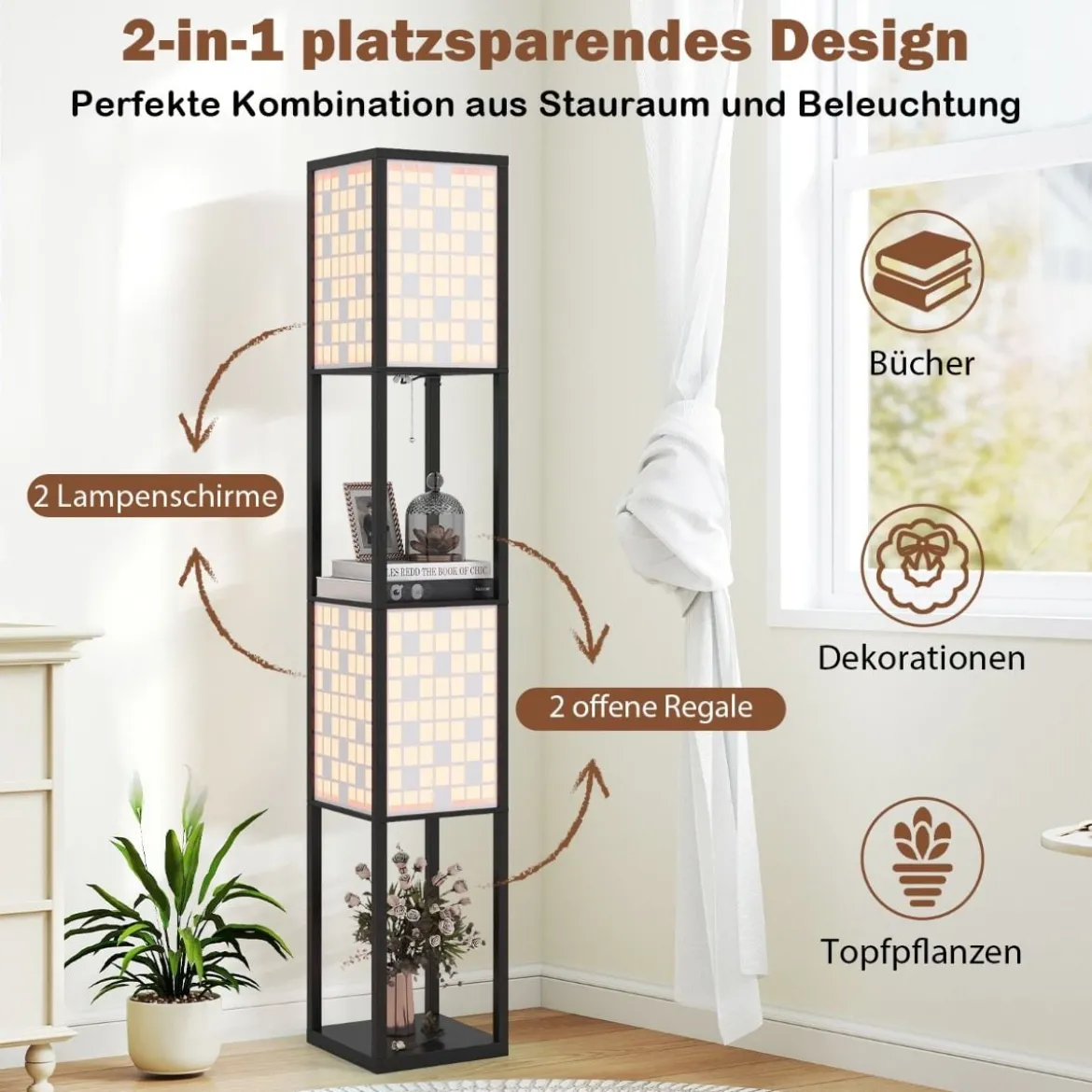 2-Flammige Stehleuchte mit 2 Regalen & Fußschalter Stehlampe Holzregal-Lampe