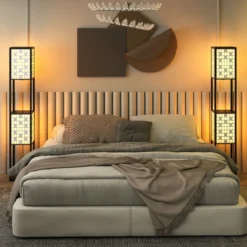 2-Flammige Stehleuchte mit 2 Regalen & Fußschalter Stehlampe Holzregal-Lampe