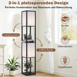 2-Flammige Stehleuchte mit 2 Regalen Stehlampe mit 2 ausgeschnittenen Muster-Lampenschirmen Blumen
