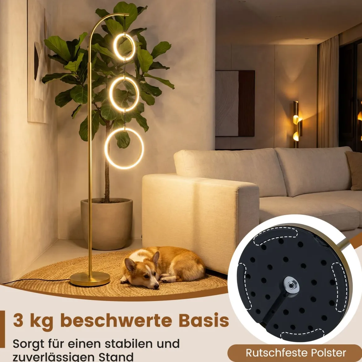 3 Flammig LED Stehleuchte Leselampe mit 3 Hängenden Lampenringen & Fußschalter Standleuchte
