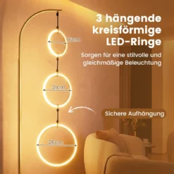 3 Flammig LED Stehleuchte Leselampe mit 3 Hängenden Lampenringen & Fußschalter Standleuchte