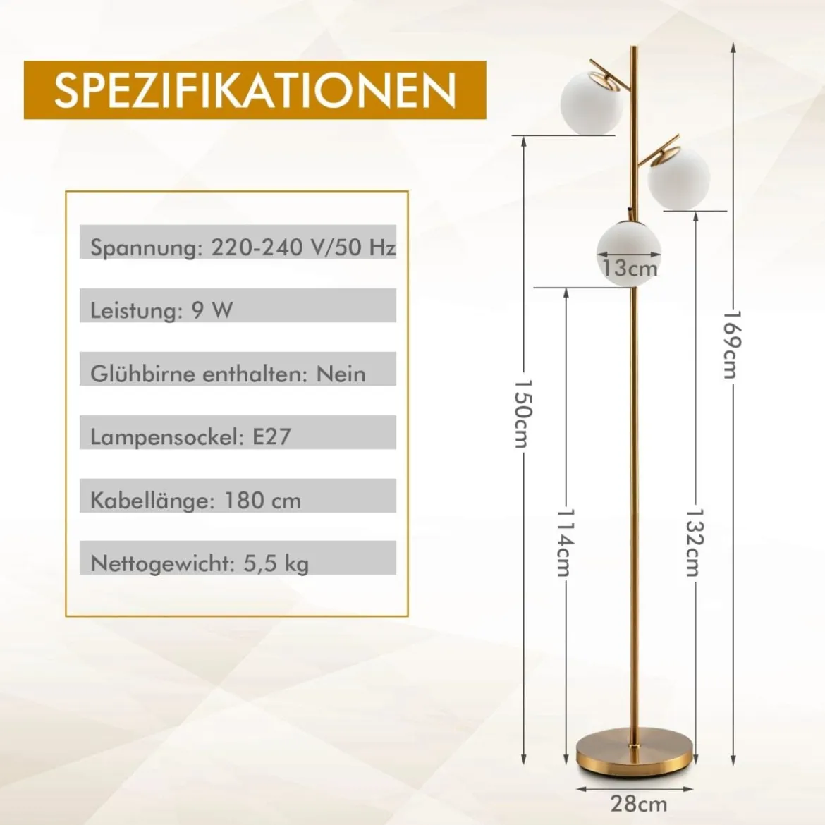 3-flammig Stehlampe mit Praktischem Fußschalter & E27-Glühlampensockel Leselampe