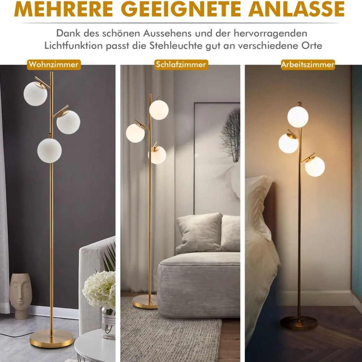 3-flammig Stehlampe mit Praktischem Fußschalter & E27-Glühlampensockel Leselampe