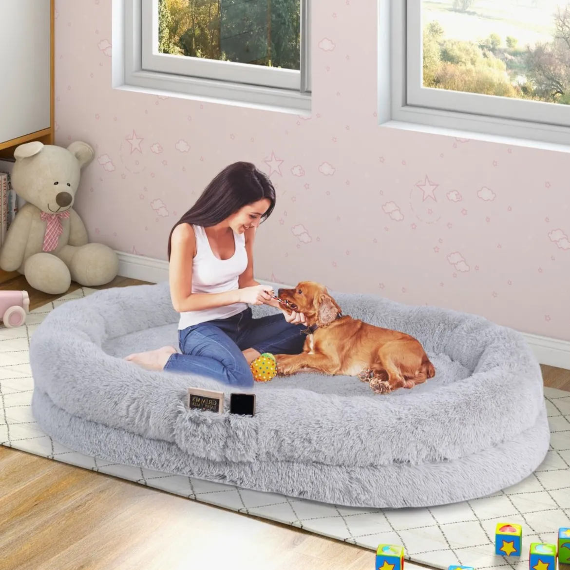 Flauschiges Hundebett für Menschen & Hunde mit Waschbare Hundedecke abnehmbarem Bezug Riemen 171 x 115 cm