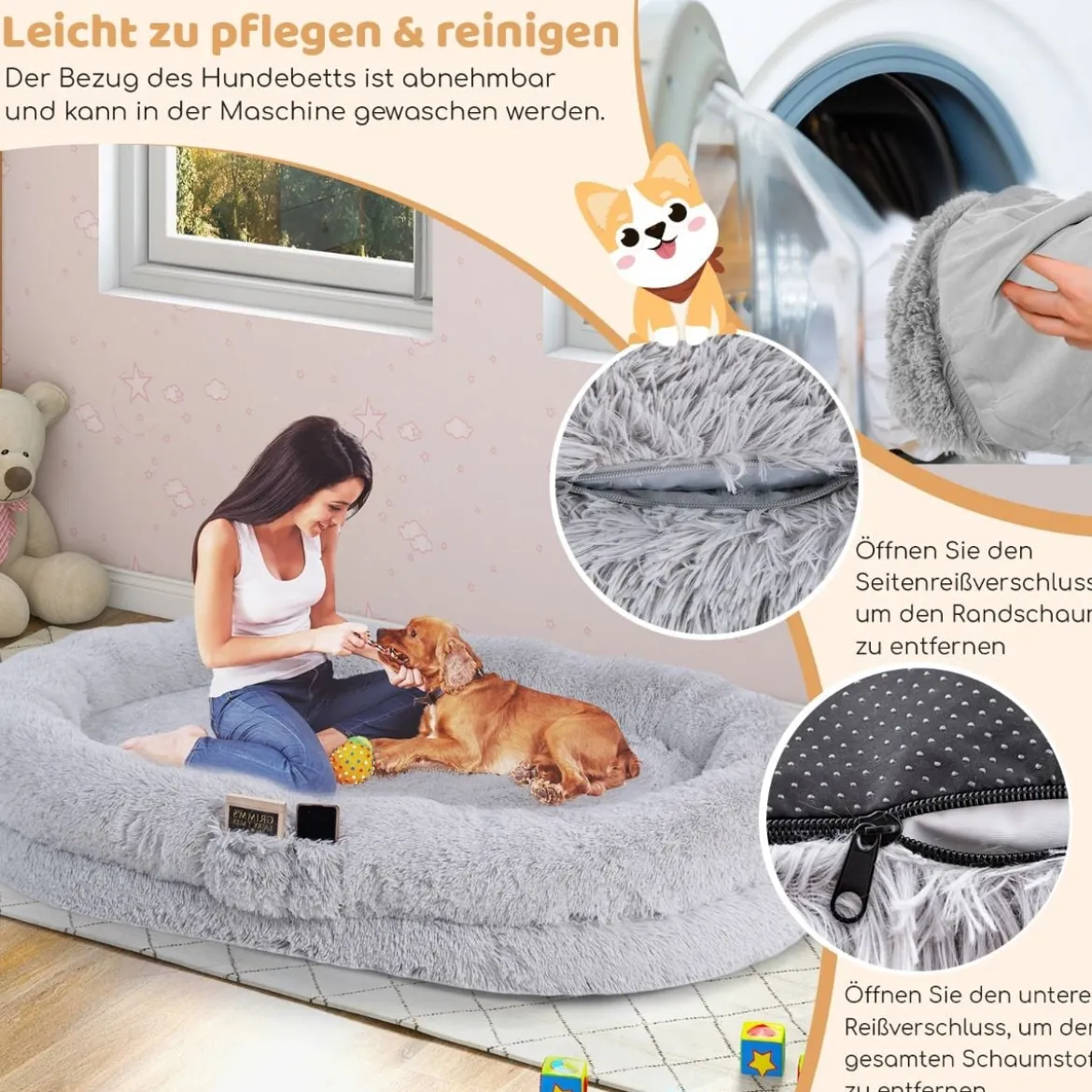 Flauschiges Hundebett für Menschen & Hunde mit Waschbare Hundedecke abnehmbarem Bezug Riemen 171 x 115 cm