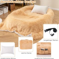 Flauschiges Hundebett für Menschen & Hunde mit Waschbare Hundedecke abnehmbarem Bezug Riemen 171 x 115 cm