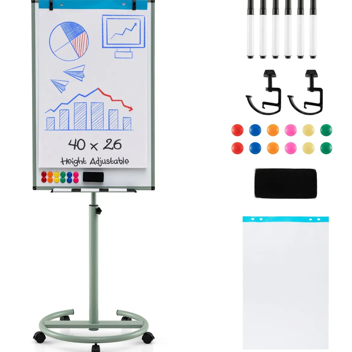 Flipchart Ständer auf Rollen mit Magneten & Markern Höhenverstellbares Whiteboard Grün