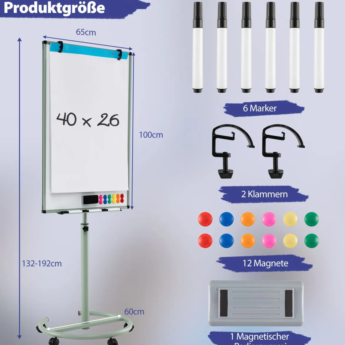 Flipchart Ständer auf Rollen mit Magneten & Markern Höhenverstellbares Whiteboard Grün