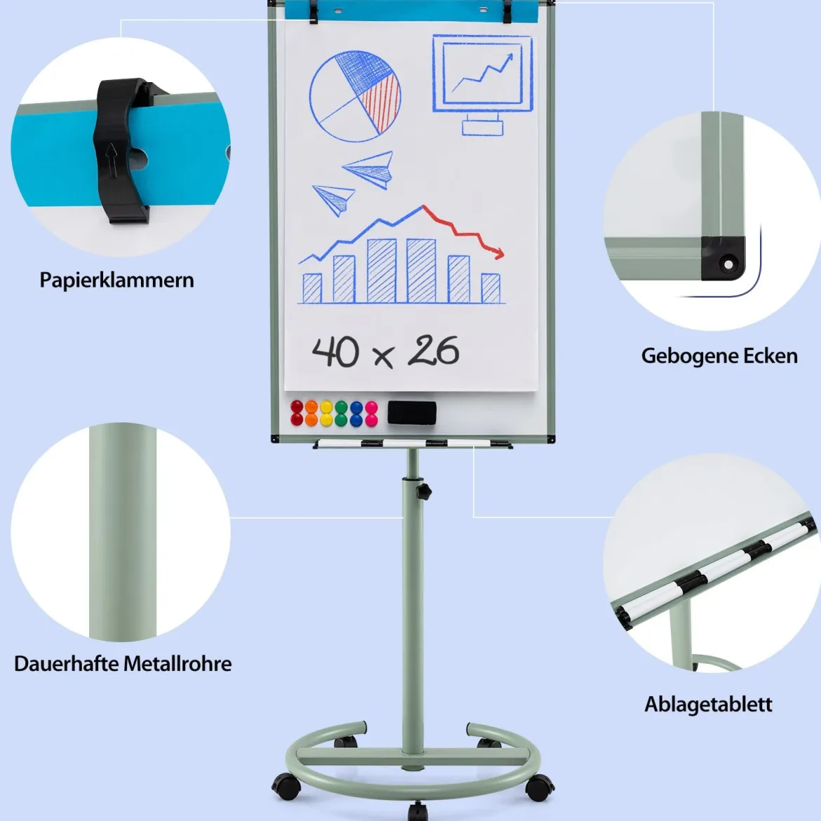 Flipchart Ständer auf Rollen mit Magneten & Markern Höhenverstellbares Whiteboard Grün