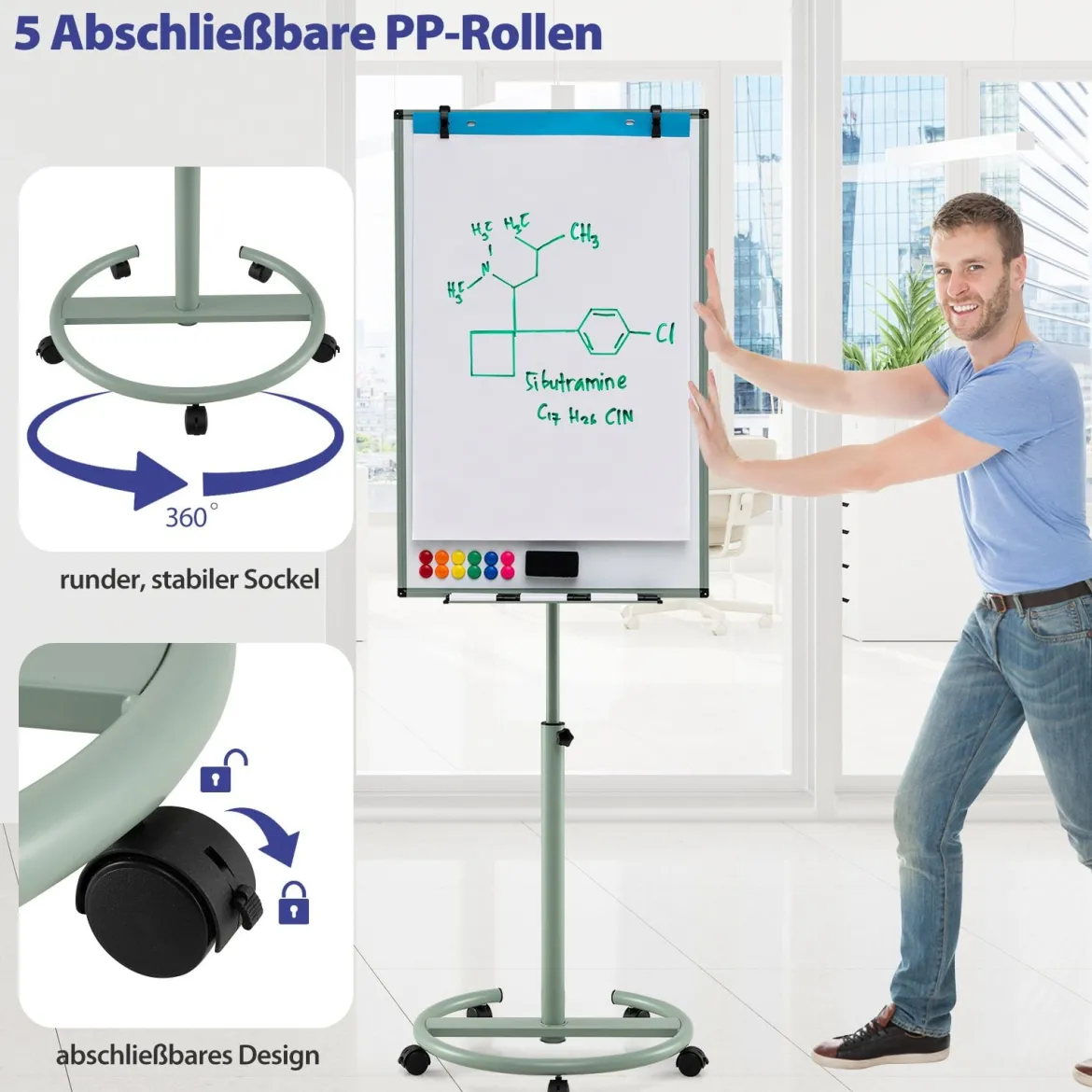 Flipchart Ständer auf Rollen mit Magneten & Markern Höhenverstellbares Whiteboard Grün
