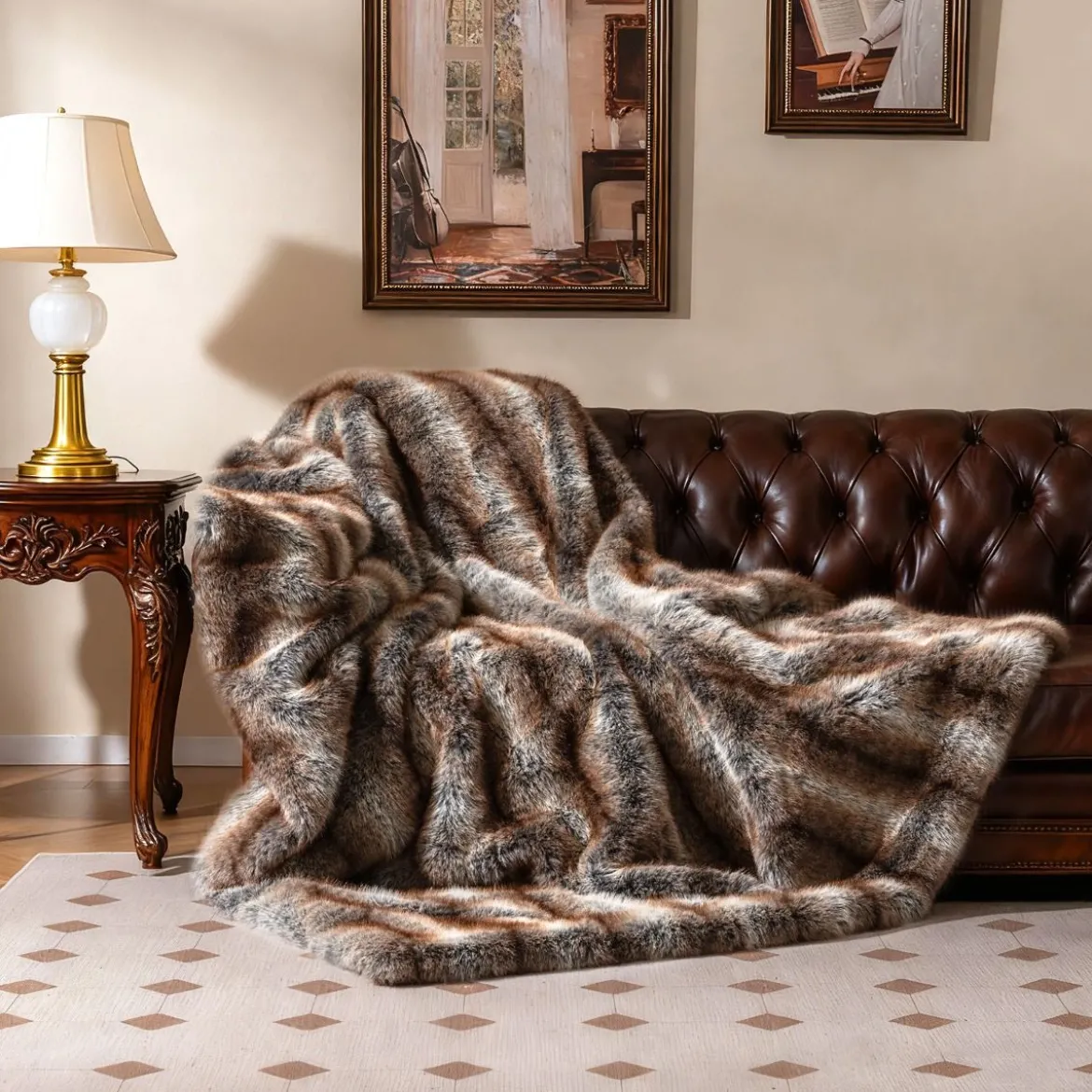 Fluffige Kunstfell-Wohndecke weicher Plüsch kuschelige Kunstmarderfell-Decke Braun-Taupe153 x 203 cm