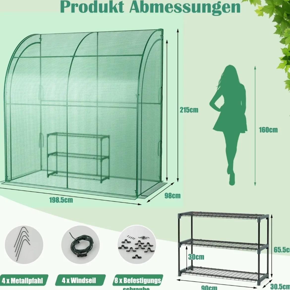Foliengewächshaus Begehbares Mini-Gewächshaus mit Blumenregal 198,5 x 98 x 215 cm Grün