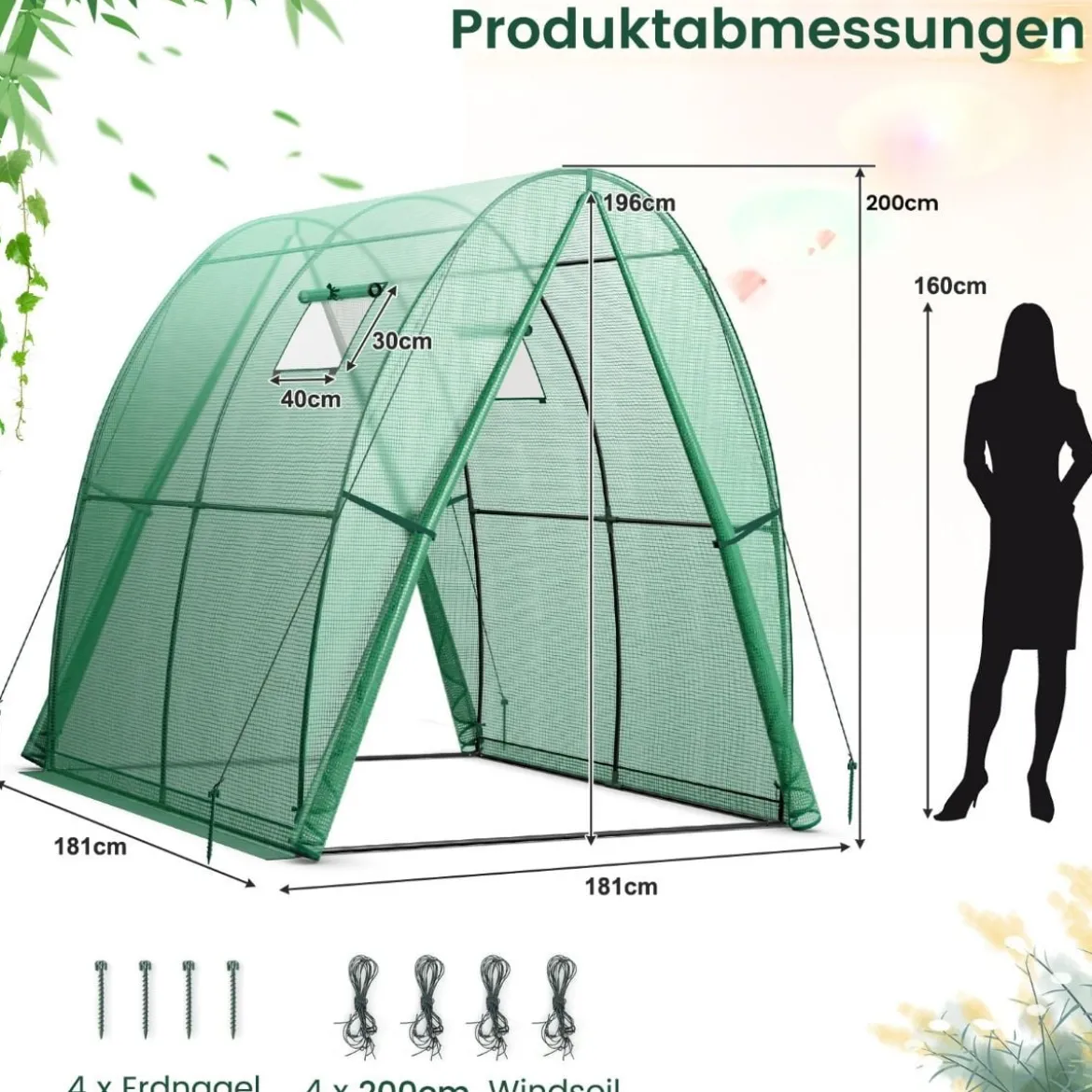 Foliengewächshaus mit Allwetter-PE-Abdeckung & Rolltür & Fenster 181 x 181 x 200 cm Grün
