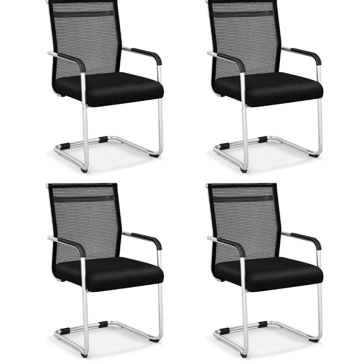 Freischwinger Stühle 4er Set stapelbare Schwingstühle mit Metallkufenbasis und Armlehne Bürostühle Schwarz