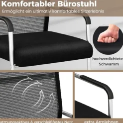 Freischwinger Stühle 4er Set stapelbare Schwingstühle mit Metallkufenbasis und Armlehne Bürostühle Schwarz