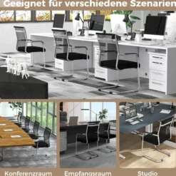 Freischwinger Stühle 4er Set stapelbare Schwingstühle mit Metallkufenbasis und Armlehne Bürostühle Schwarz