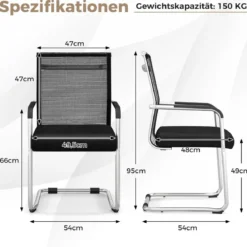 Freischwinger Stühle 4er Set stapelbare Schwingstühle mit Metallkufenbasis und Armlehne Bürostühle Schwarz