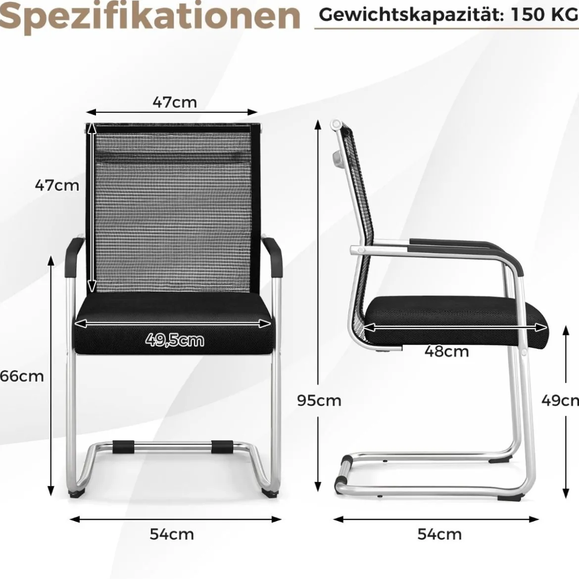 Freischwinger Stühle 4er Set stapelbare Schwingstühle mit Metallkufenbasis und Armlehne Bürostühle Schwarz
