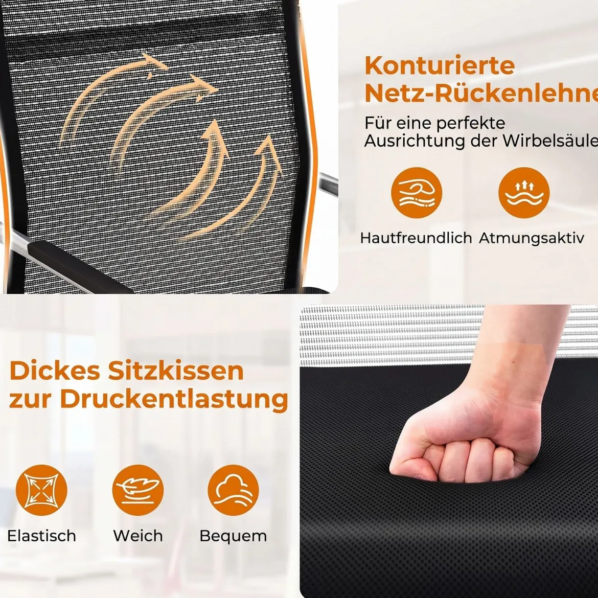 Freischwinger Stühle 2er Set Stapelbare Schwingstühle mit Metallkufenbasis und Armlehne Bürostühle Schwarz