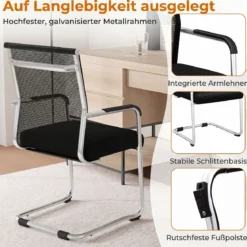 Freischwinger Stühle 2er Set Stapelbare Schwingstühle mit Metallkufenbasis und Armlehne Bürostühle Schwarz