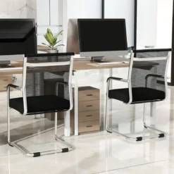 Freischwinger Stühle 2er Set Stapelbare Schwingstühle mit Metallkufenbasis und Armlehne Bürostühle Schwarz