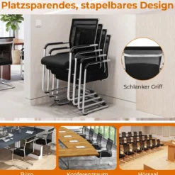 Freischwinger Stühle 2er Set Stapelbare Schwingstühle mit Metallkufenbasis und Armlehne Bürostühle Schwarz