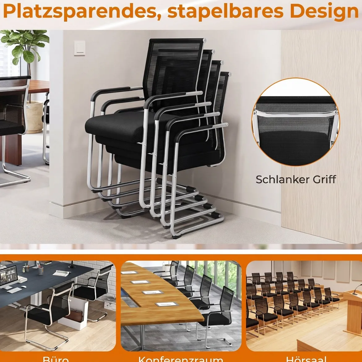 Freischwinger Stühle 2er Set Stapelbare Schwingstühle mit Metallkufenbasis und Armlehne Bürostühle Schwarz