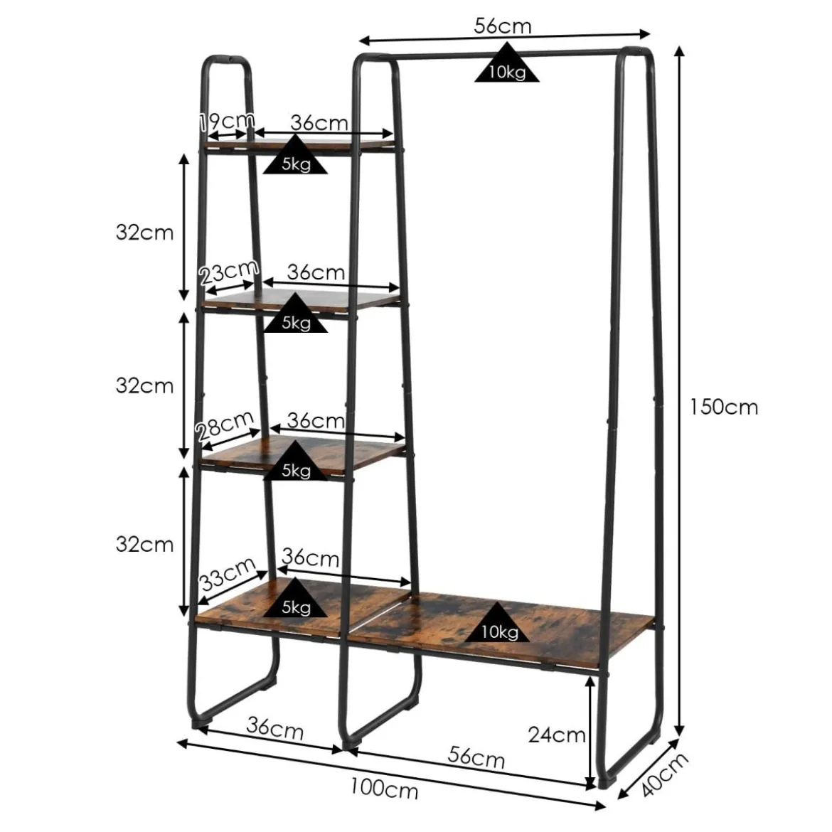 Freistehende Garderobe Kleiderständer aus Metall mit Regalen 100 x 40 x 150 cm