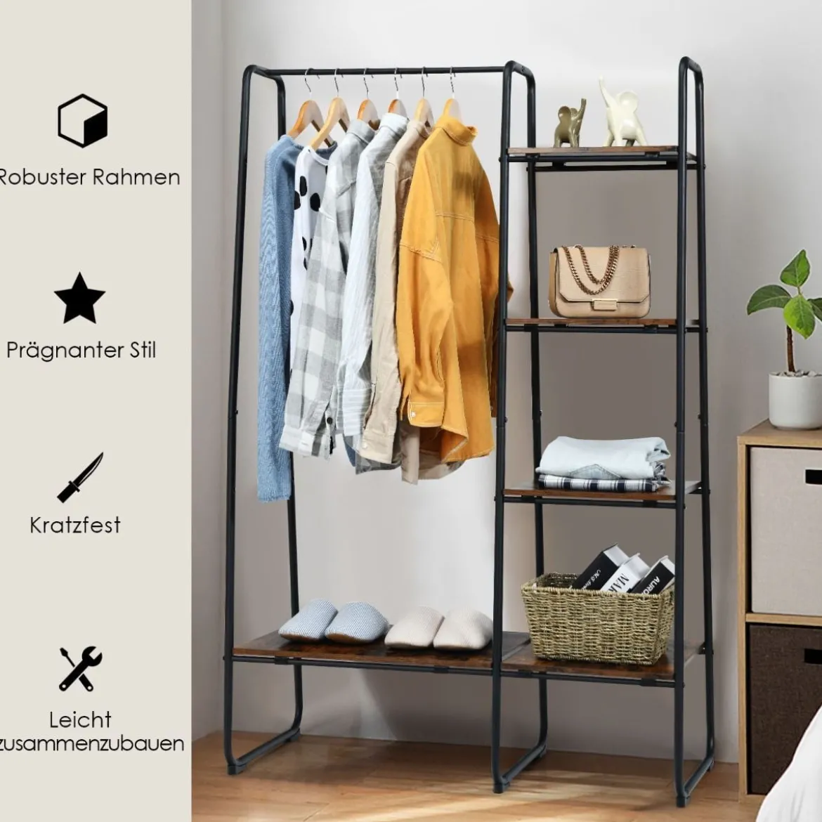 Freistehende Garderobe Kleiderständer aus Metall mit Regalen 100 x 40 x 150 cm
