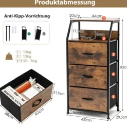 Freistehender Aufbewahrungsschrank mit 3 Schubladen und Ablage 45 x 30 x 92 cm Rustikales Braun