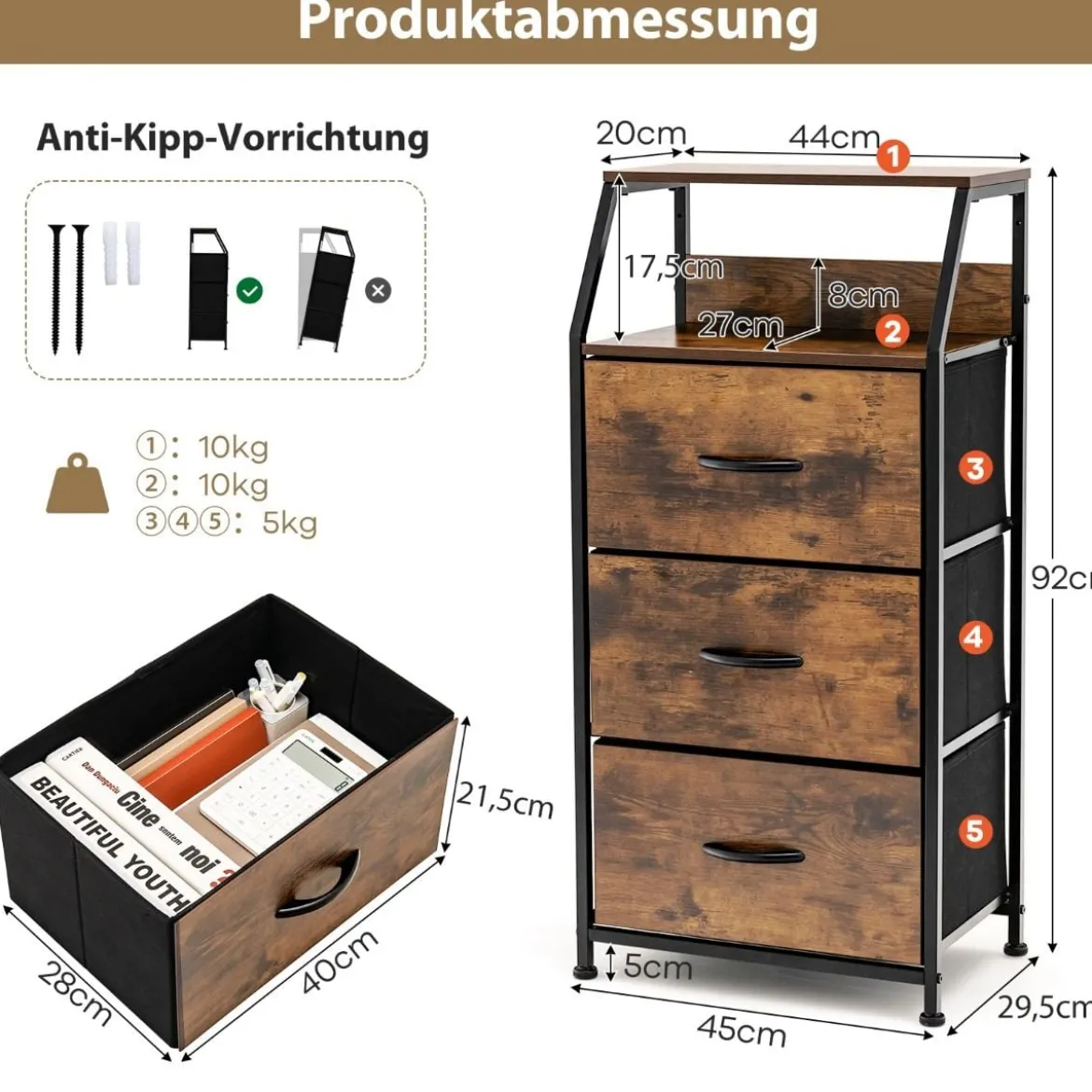 Freistehender Aufbewahrungsschrank mit 3 Schubladen und Ablage 45 x 30 x 92 cm Rustikales Braun