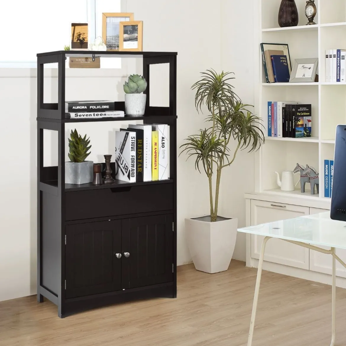 Freistehender Badezimmerschrank mit 2 Türen & 3 offenen Regalen & Schublade Hochschrank Schwarz
