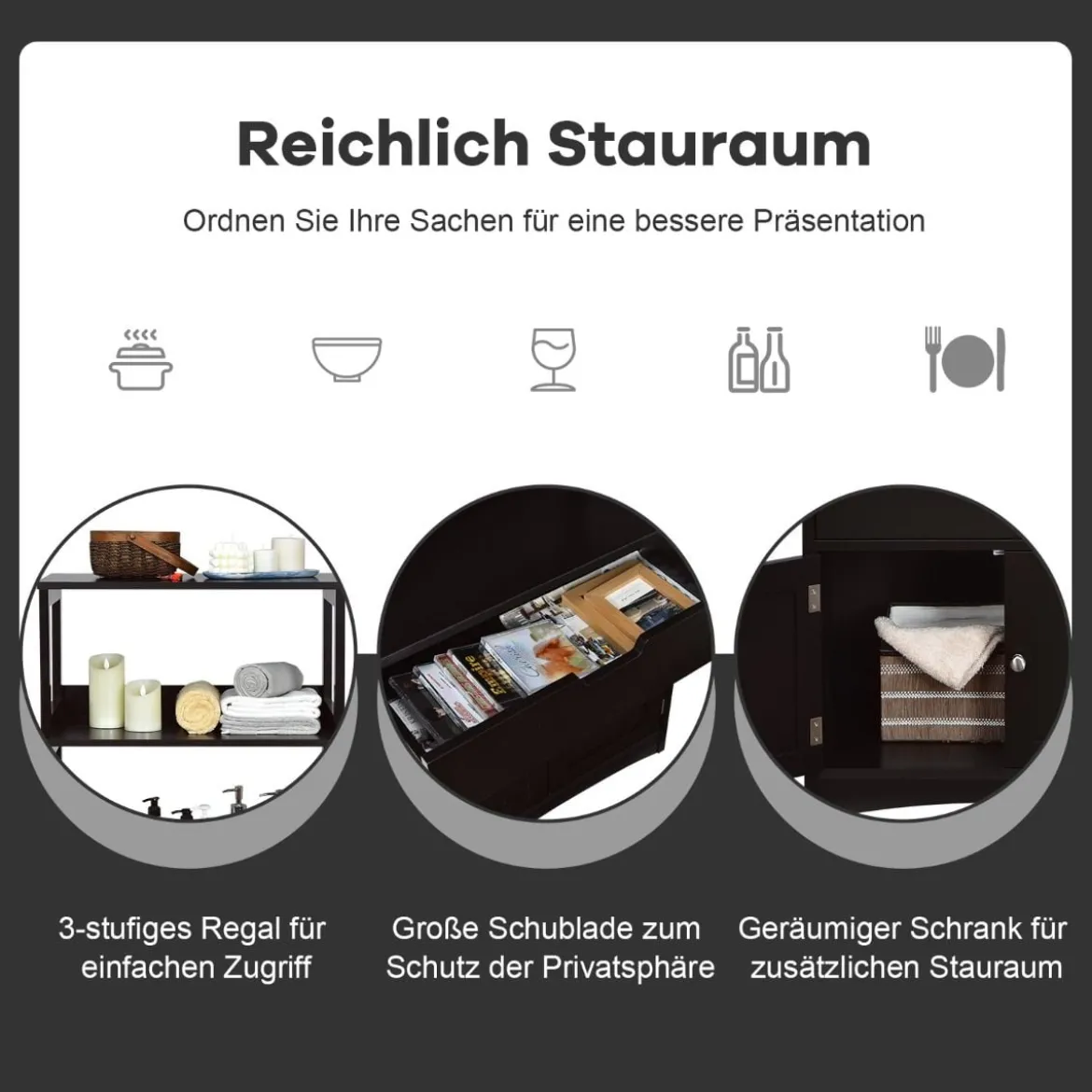 Freistehender Badezimmerschrank mit 2 Türen & 3 offenen Regalen & Schublade Hochschrank Schwarz