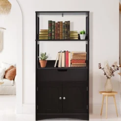 Freistehender Badezimmerschrank mit 2 Türen & 3 offenen Regalen & Schublade Hochschrank Schwarz