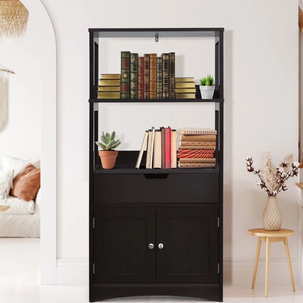 Freistehender Badezimmerschrank mit 2 Türen & 3 offenen Regalen & Schublade Hochschrank Schwarz