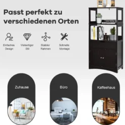 Freistehender Badezimmerschrank mit 2 Türen & 3 offenen Regalen & Schublade Hochschrank Schwarz
