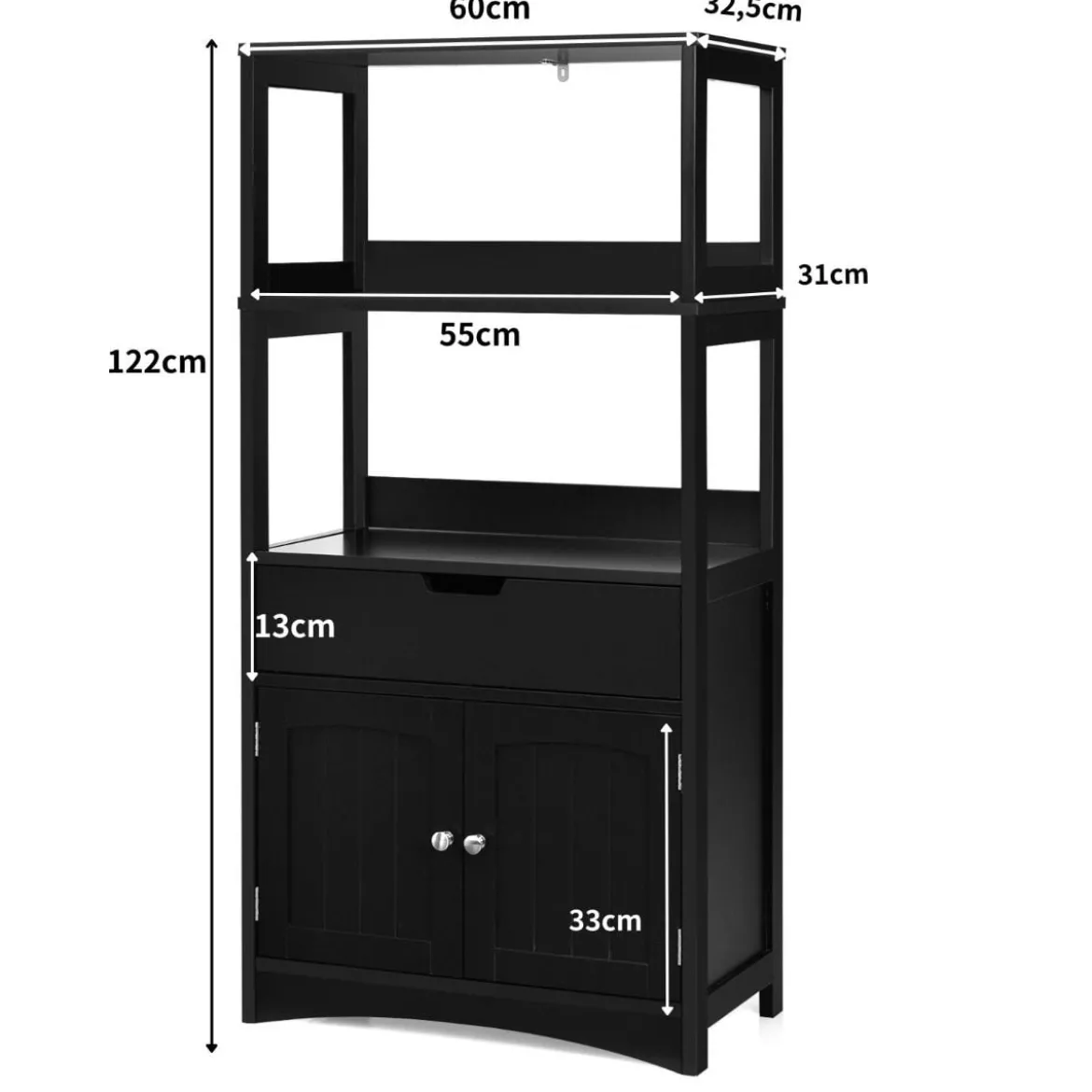Freistehender Badezimmerschrank mit 2 Türen & 3 offenen Regalen & Schublade Hochschrank Schwarz