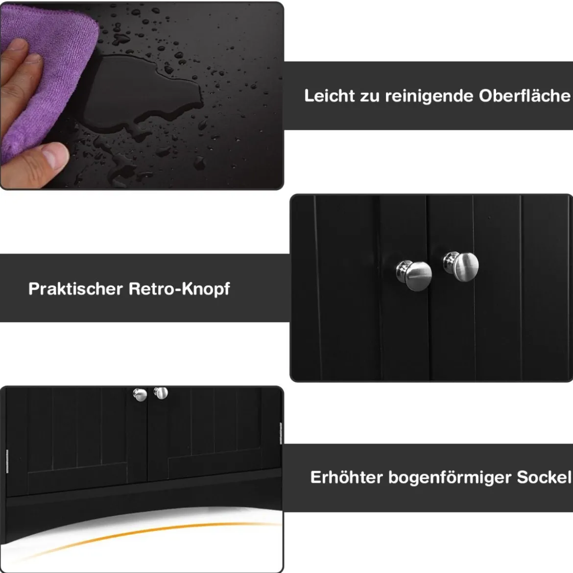 Freistehender Badezimmerschrank mit 2 Türen & 3 offenen Regalen & Schublade Hochschrank Schwarz