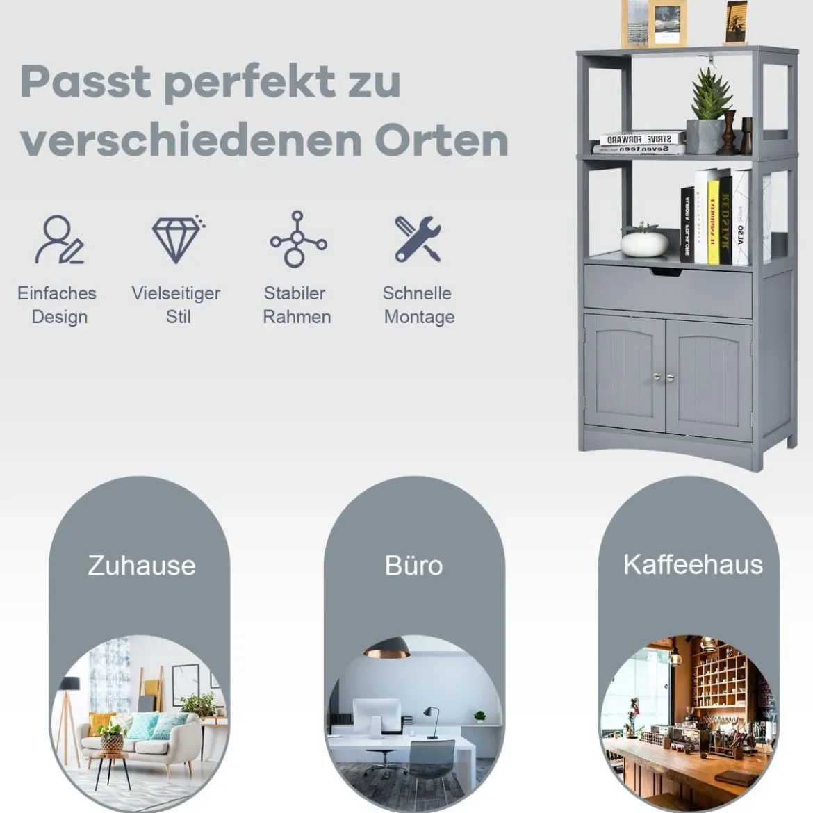 Freistehender Badezimmerschrank mit 2 Türen & 3 offenen Regalen & Schublade Hochschrank Grau