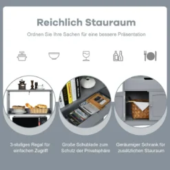 Freistehender Badezimmerschrank mit 2 Türen & 3 offenen Regalen & Schublade Hochschrank Grau