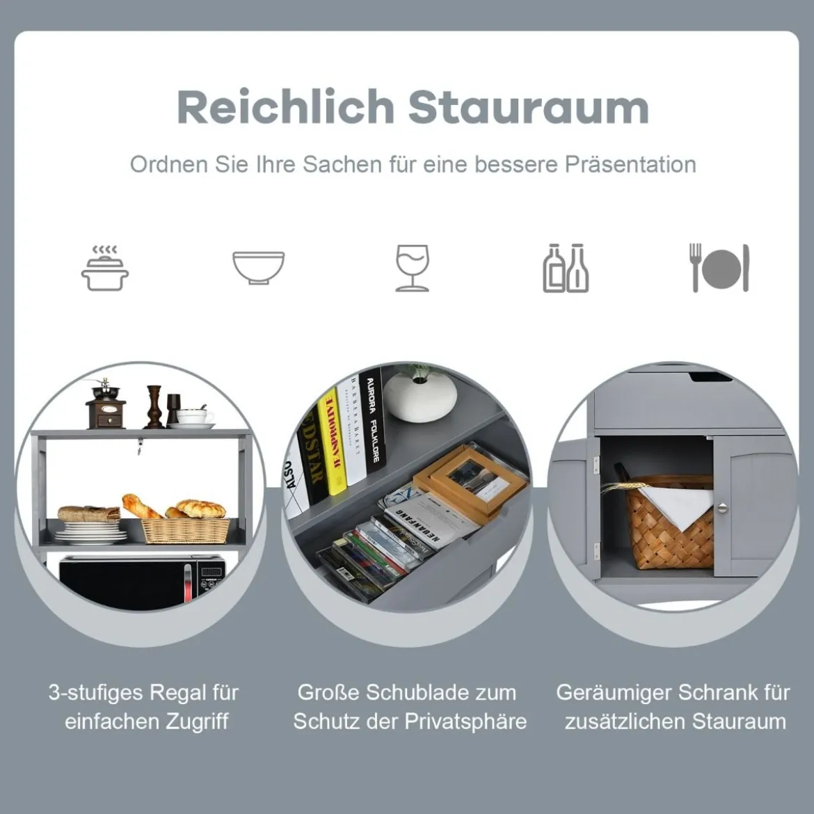 Freistehender Badezimmerschrank mit 2 Türen & 3 offenen Regalen & Schublade Hochschrank Grau
