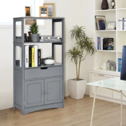 Freistehender Badezimmerschrank mit 2 Türen & 3 offenen Regalen & Schublade Hochschrank Grau