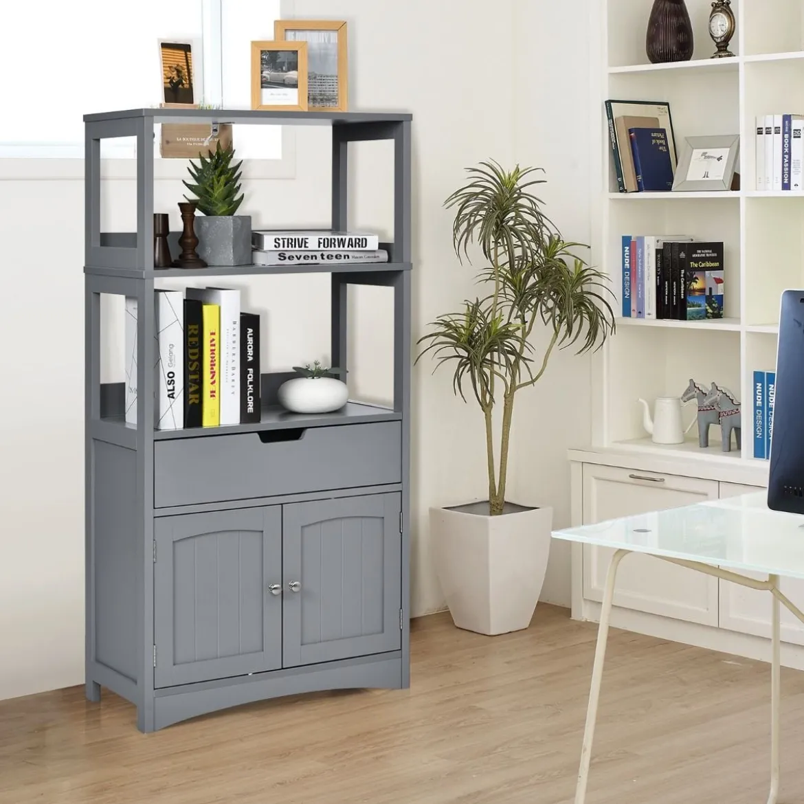 Freistehender Badezimmerschrank mit 2 Türen & 3 offenen Regalen & Schublade Hochschrank Grau