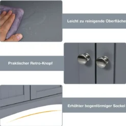 Freistehender Badezimmerschrank mit 2 Türen & 3 offenen Regalen & Schublade Hochschrank Grau