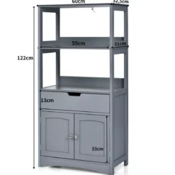Freistehender Badezimmerschrank mit 2 Türen & 3 offenen Regalen & Schublade Hochschrank Grau