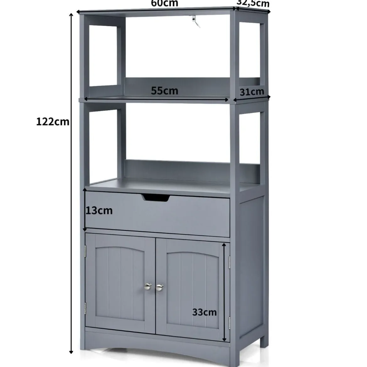 Freistehender Badezimmerschrank mit 2 Türen & 3 offenen Regalen & Schublade Hochschrank Grau