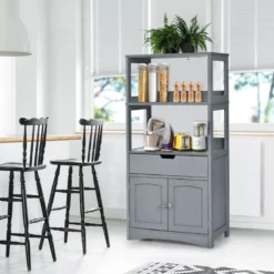 Freistehender Badezimmerschrank mit 2 Türen & 3 offenen Regalen & Schublade Hochschrank Grau