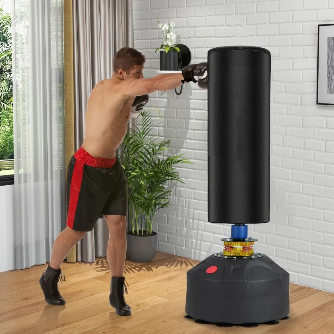Freistehender Boxsack 173cm Standboxsack mit Boxhandschuhen & Saugfuß 50 x 50 x 173 cm Schwarz