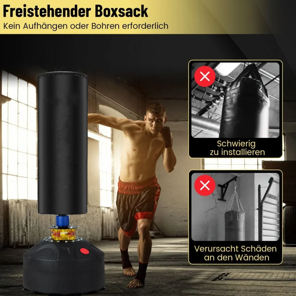 Freistehender Boxsack 173cm Standboxsack mit Boxhandschuhen & Saugfuß 50 x 50 x 173 cm Schwarz